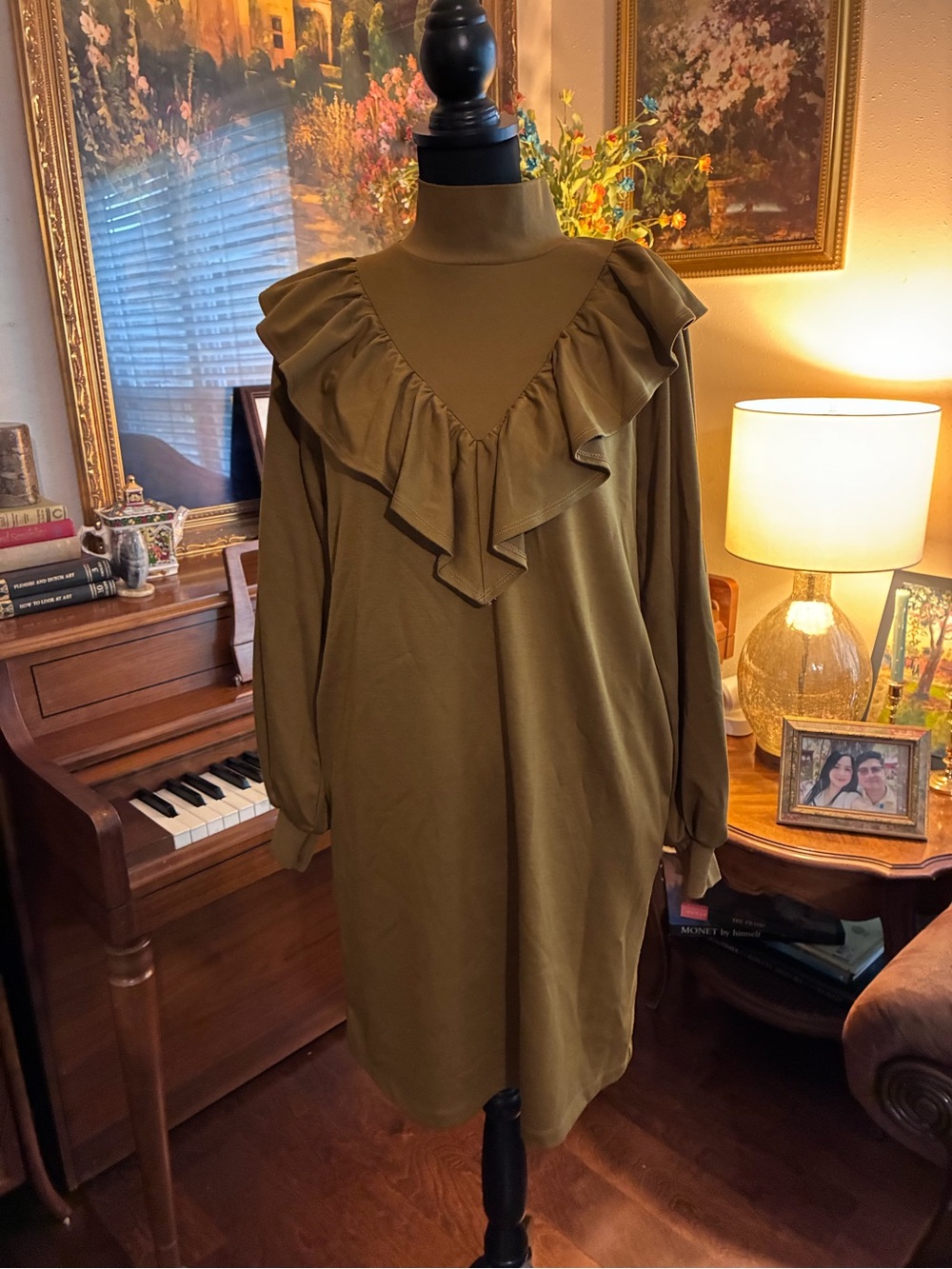 Women's Olive Green Ruffle Neck Dress who what were size Small